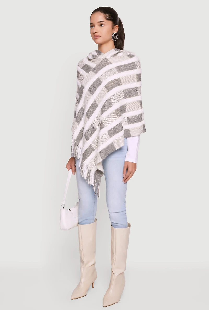 Womens Hooded Fringe Hem Knit Poncho, Grey