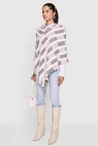 Womens Hooded Fringe Hem Knit Poncho, Grey