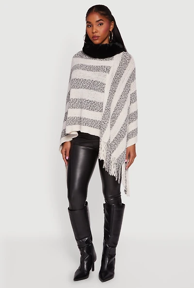 Faux Fur Trim Fringe Hem Striped Poncho