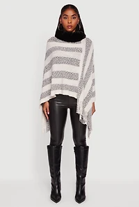 Faux Fur Trim Fringe Hem Striped Poncho