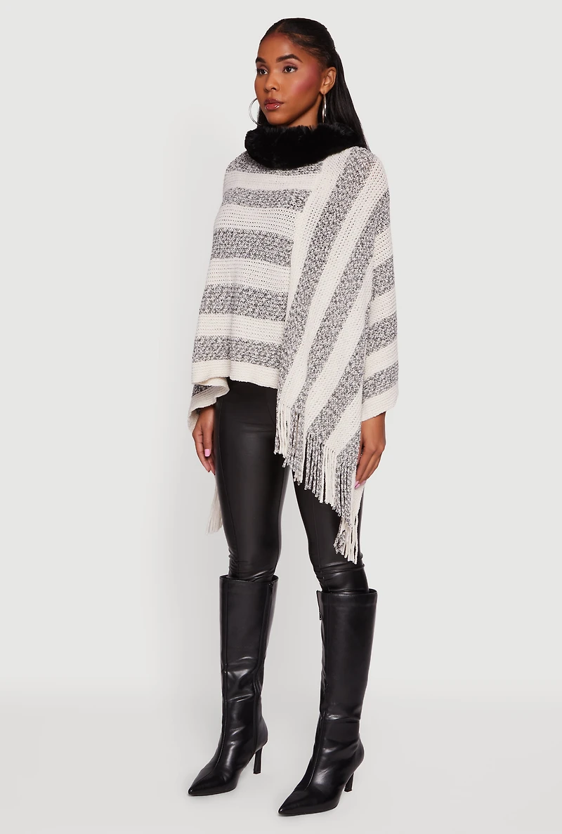 Faux Fur Trim Fringe Hem Striped Poncho