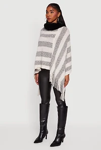 Faux Fur Trim Fringe Hem Striped Poncho