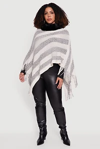 Faux Fur Trim Fringe Hem Striped Poncho