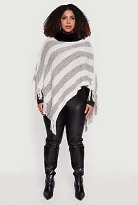 Faux Fur Trim Fringe Hem Striped Poncho