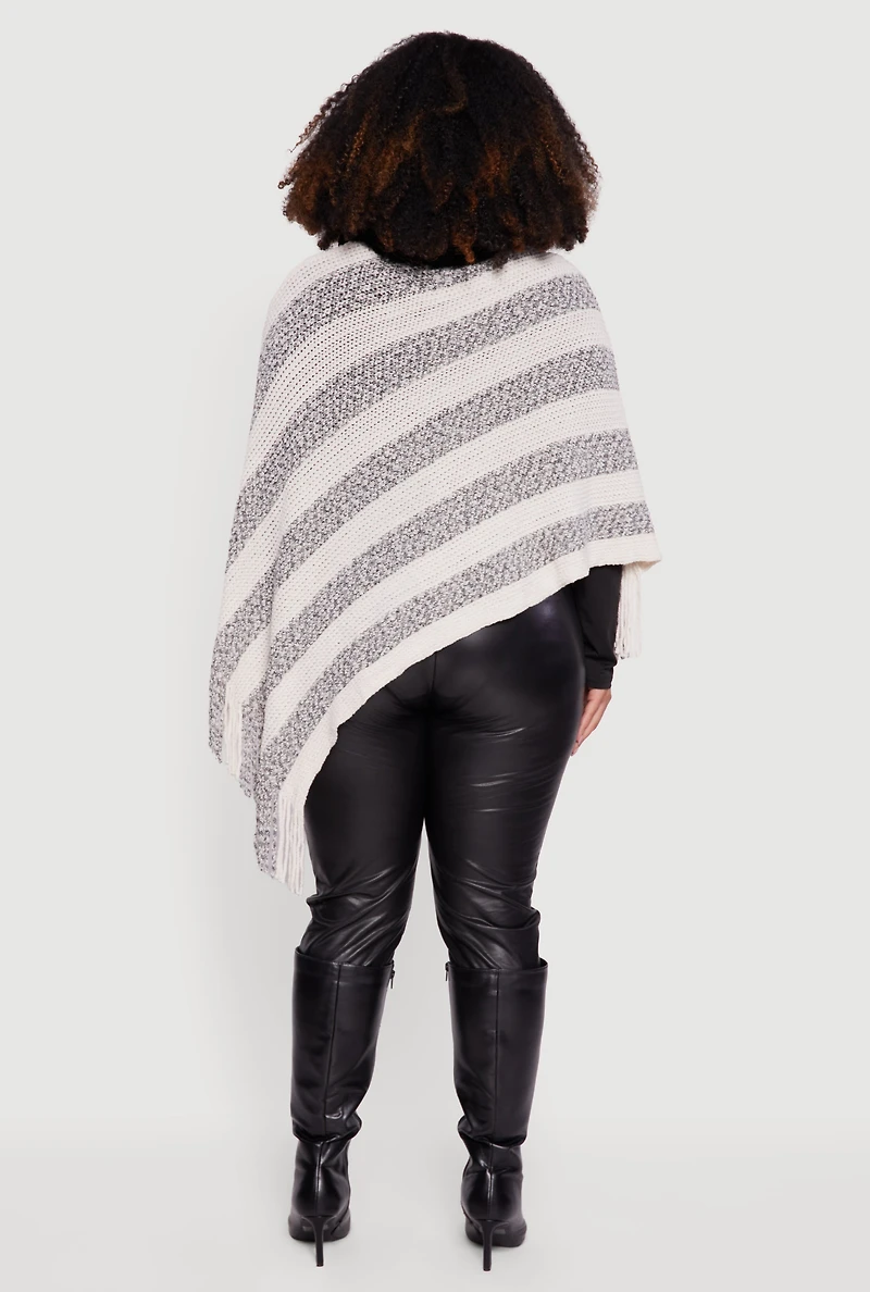 Faux Fur Trim Fringe Hem Striped Poncho