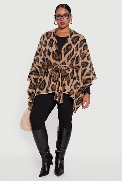 Leopard Print Open Front Poncho with Tie Waist Belt