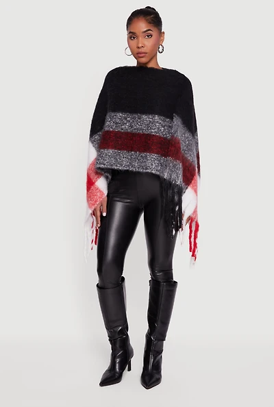 Color Block Plaid Boucle Fringe Poncho