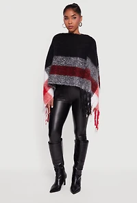 Color Block Plaid Boucle Fringe Poncho
