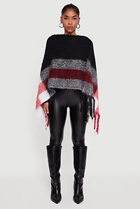 Womens Color Block Plaid Boucle Fringe Poncho,