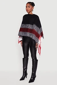 Womens Color Block Plaid Boucle Fringe Poncho,