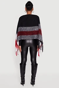 Womens Color Block Plaid Boucle Fringe Poncho,