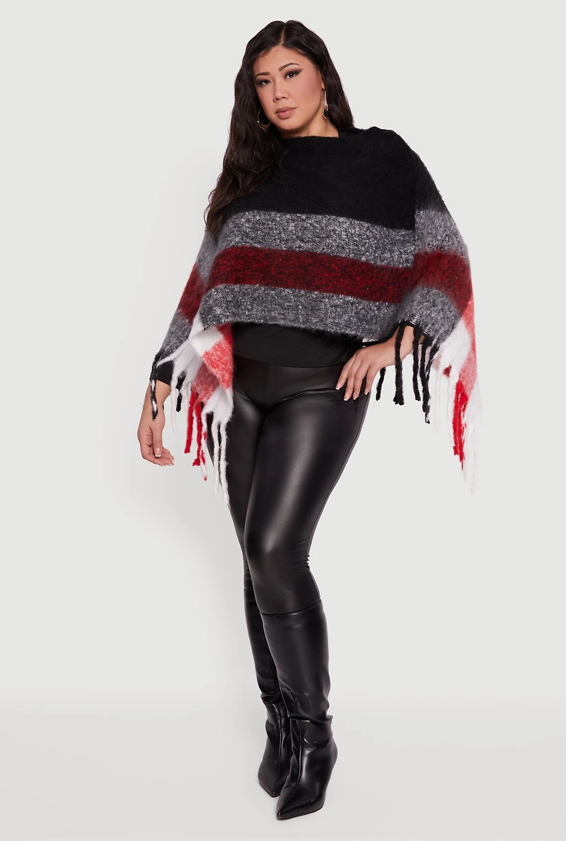 Womens Color Block Plaid Boucle Fringe Poncho,