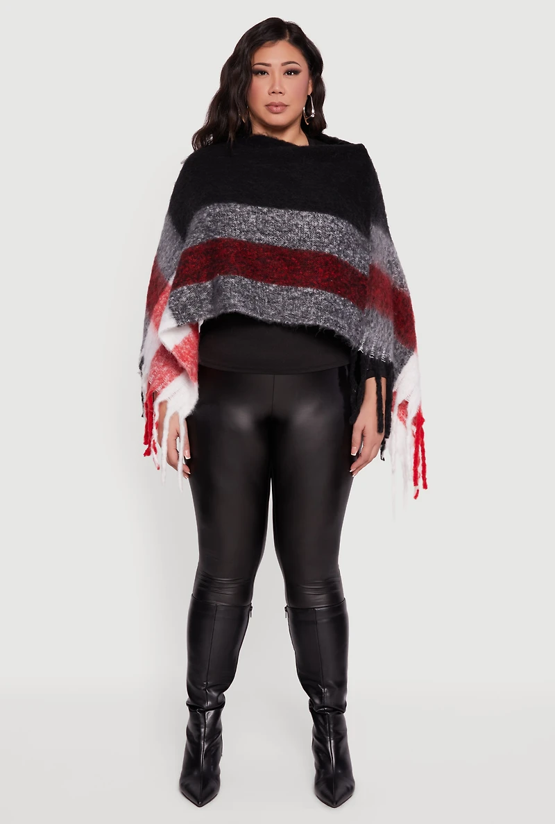 Womens Color Block Plaid Boucle Fringe Poncho,
