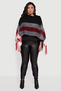 Womens Color Block Plaid Boucle Fringe Poncho,