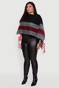 Womens Color Block Plaid Boucle Fringe Poncho,