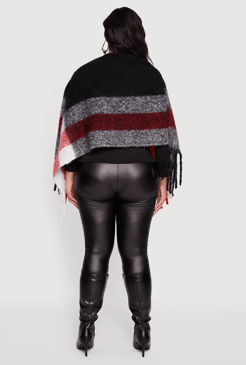 Womens Color Block Plaid Boucle Fringe Poncho,