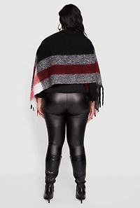 Womens Color Block Plaid Boucle Fringe Poncho,