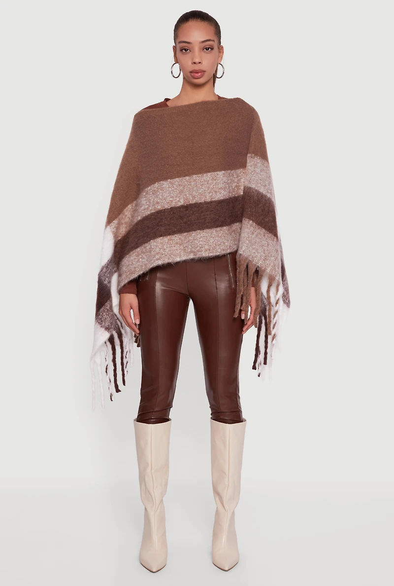 Color Block Plaid Boucle Fringe Poncho