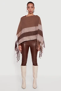 Color Block Plaid Boucle Fringe Poncho