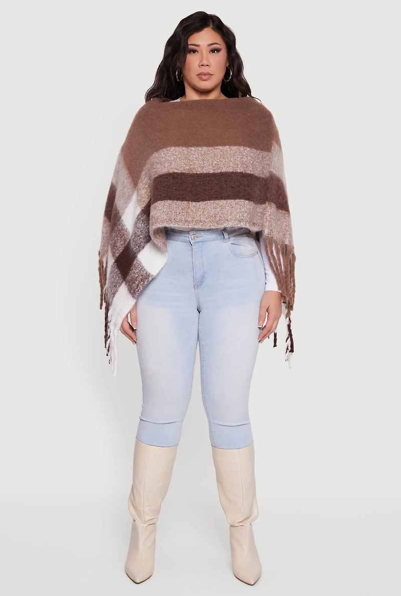 Color Block Plaid Boucle Fringe Poncho