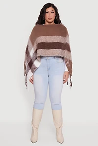 Color Block Plaid Boucle Fringe Poncho