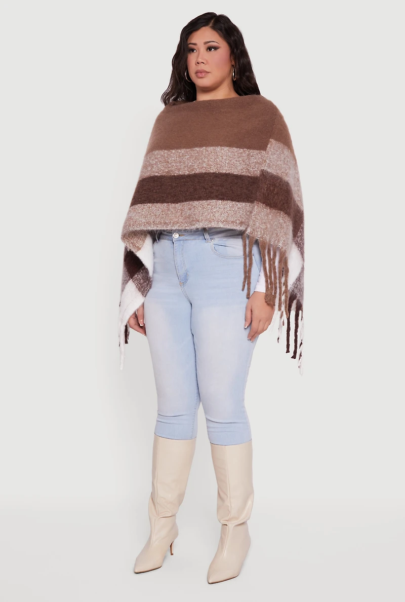 Color Block Plaid Boucle Fringe Poncho