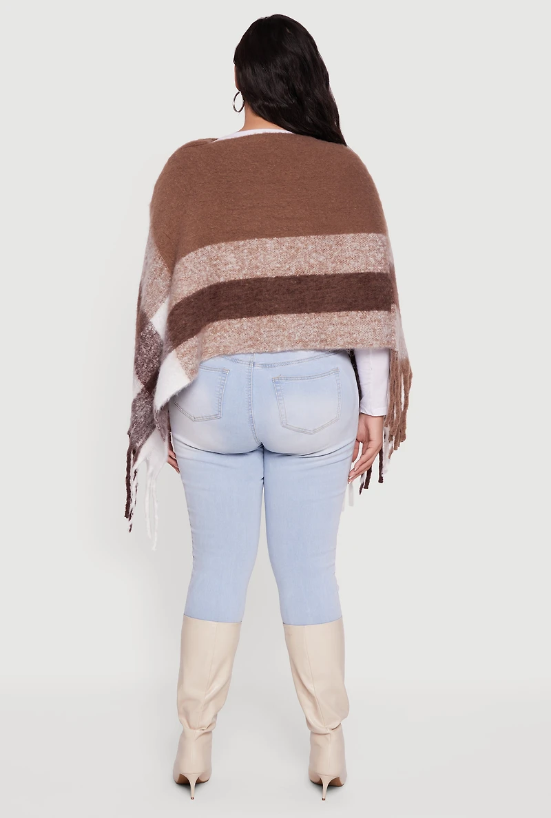 Color Block Plaid Boucle Fringe Poncho