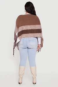 Color Block Plaid Boucle Fringe Poncho