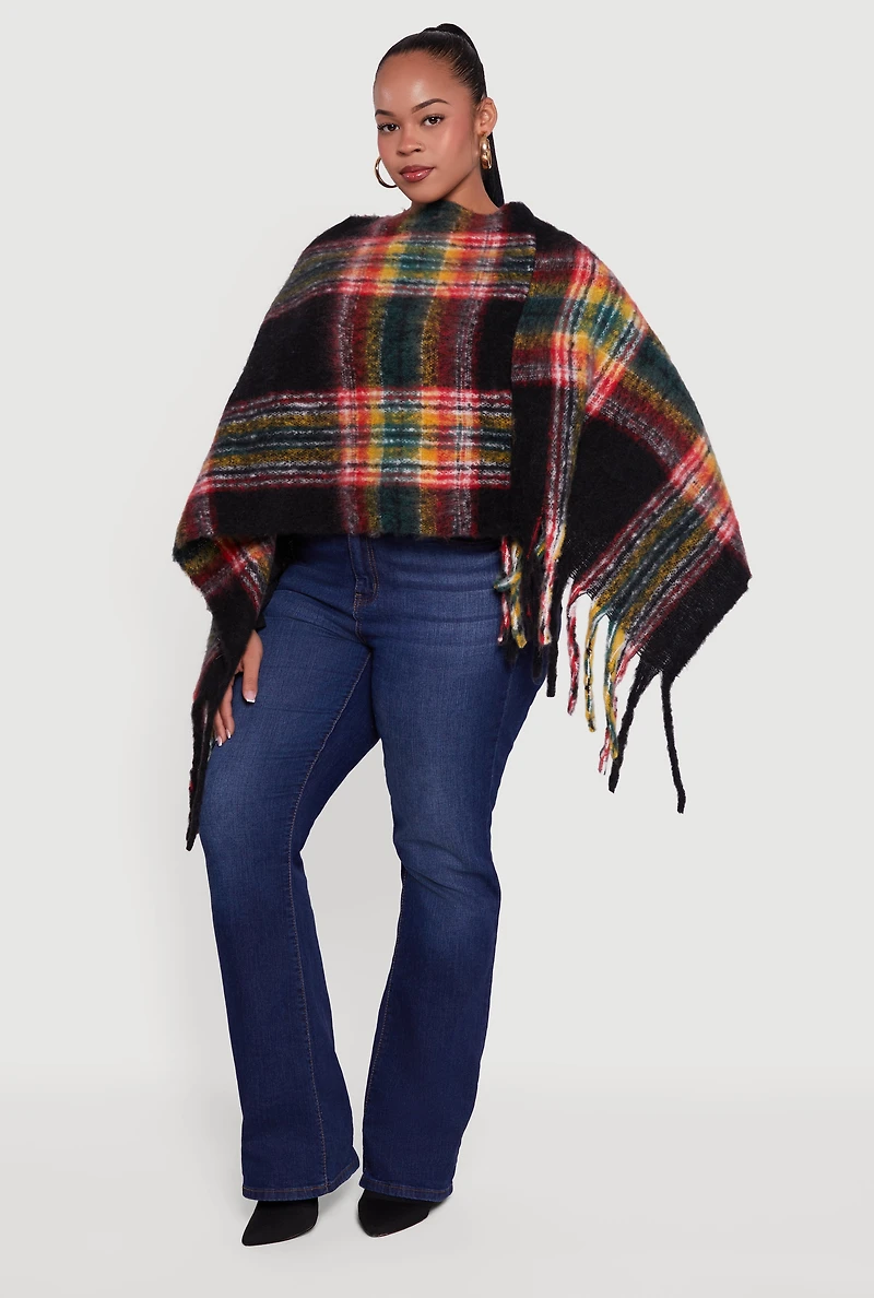 Plaid Boucle Fringe Poncho