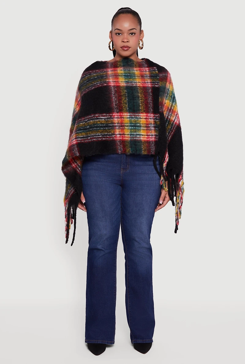 Womens Plaid Boucle Fringe Poncho, Black