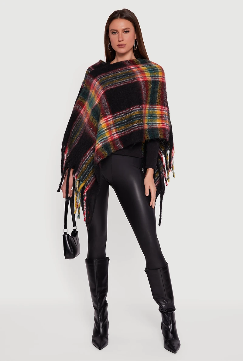 Womens Plaid Boucle Fringe Poncho, Black