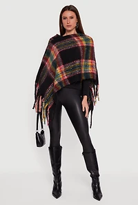 Womens Plaid Boucle Fringe Poncho, Black