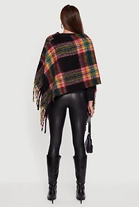 Womens Plaid Boucle Fringe Poncho, Black