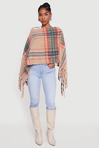 Plaid Boucle Fringe Poncho