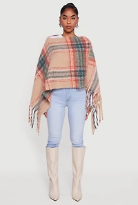 Plaid Boucle Fringe Poncho