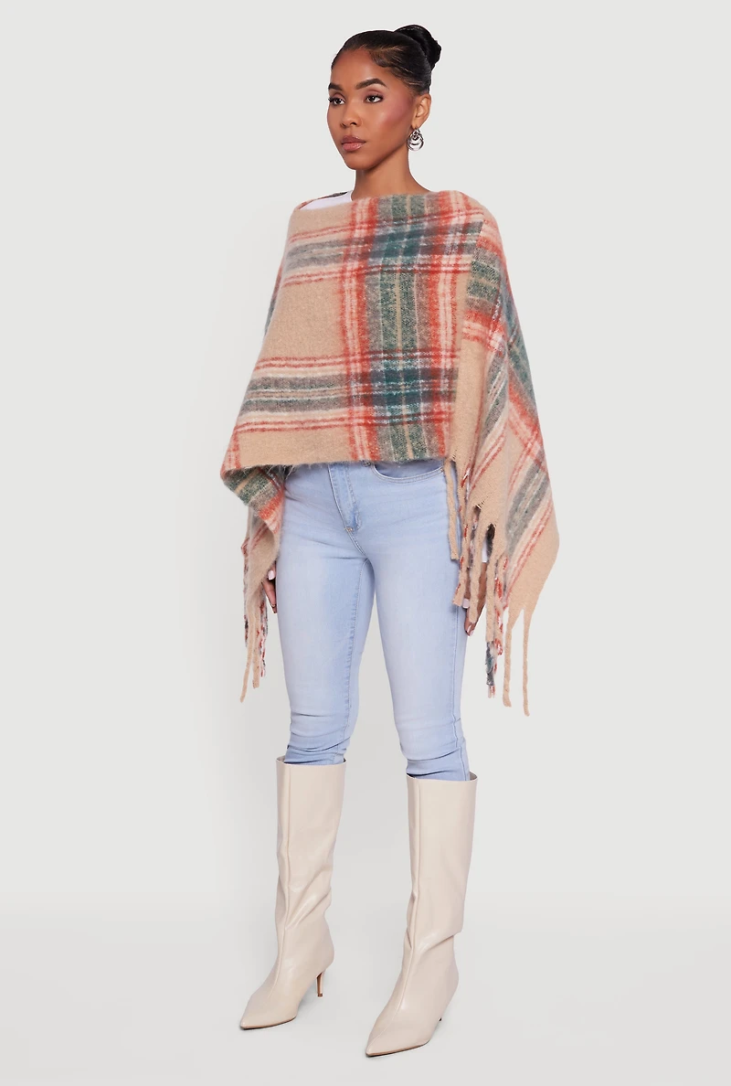 Plaid Boucle Fringe Poncho