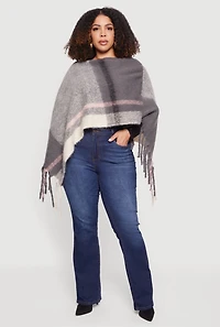 Marled Plaid Pattern Boucle Fringe Poncho