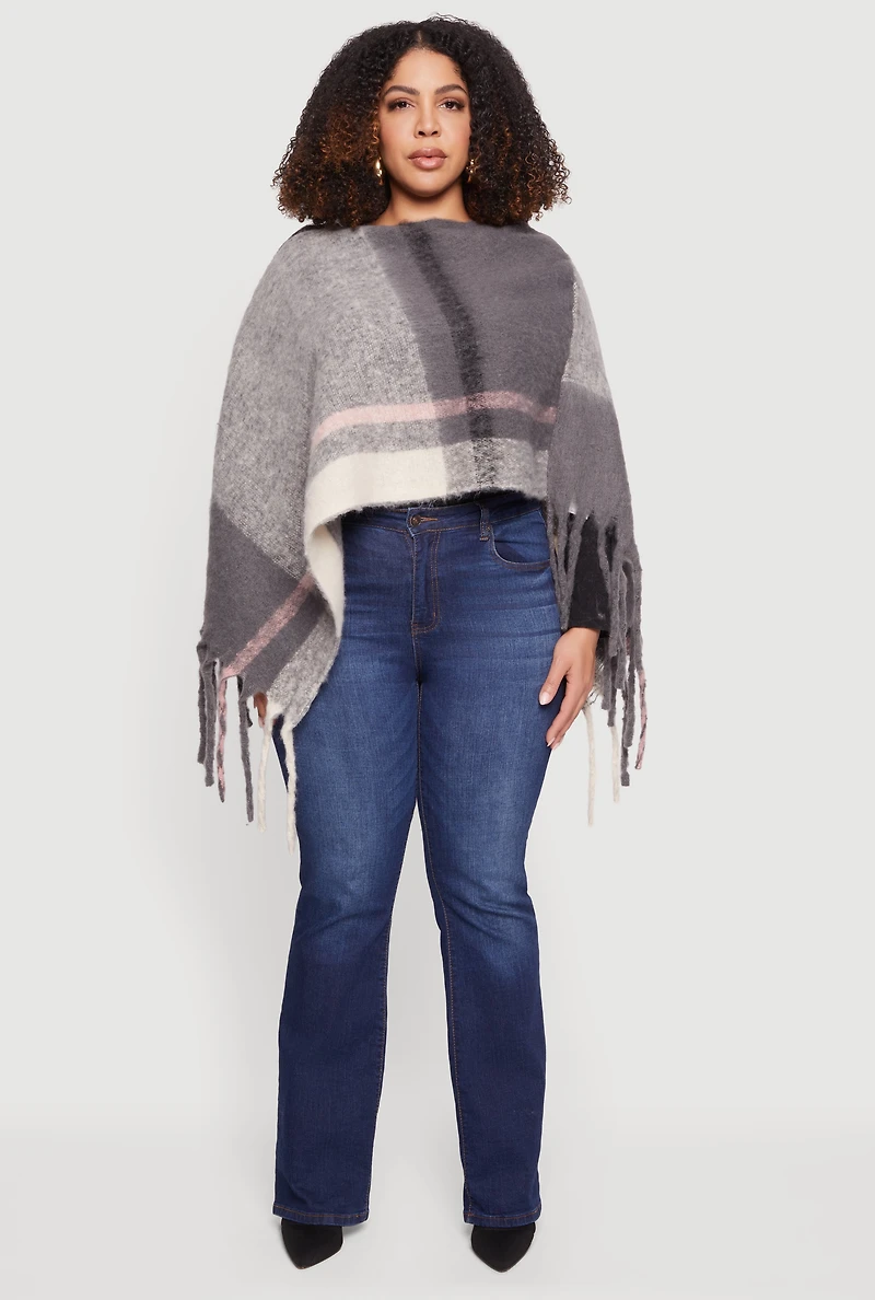 Marled Plaid Pattern Boucle Fringe Poncho