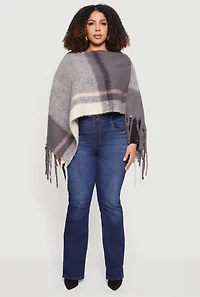 Marled Plaid Pattern Boucle Fringe Poncho