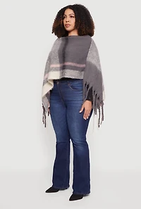 Marled Plaid Pattern Boucle Fringe Poncho