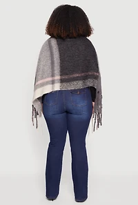 Marled Plaid Pattern Boucle Fringe Poncho