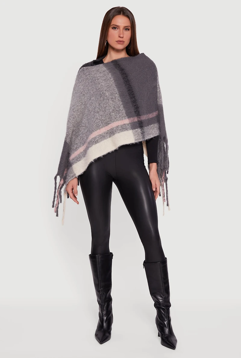 Marled Plaid Pattern Boucle Fringe Poncho