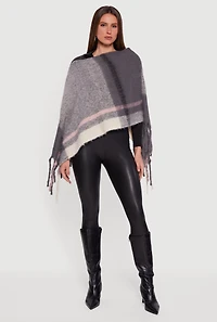 Marled Plaid Pattern Boucle Fringe Poncho