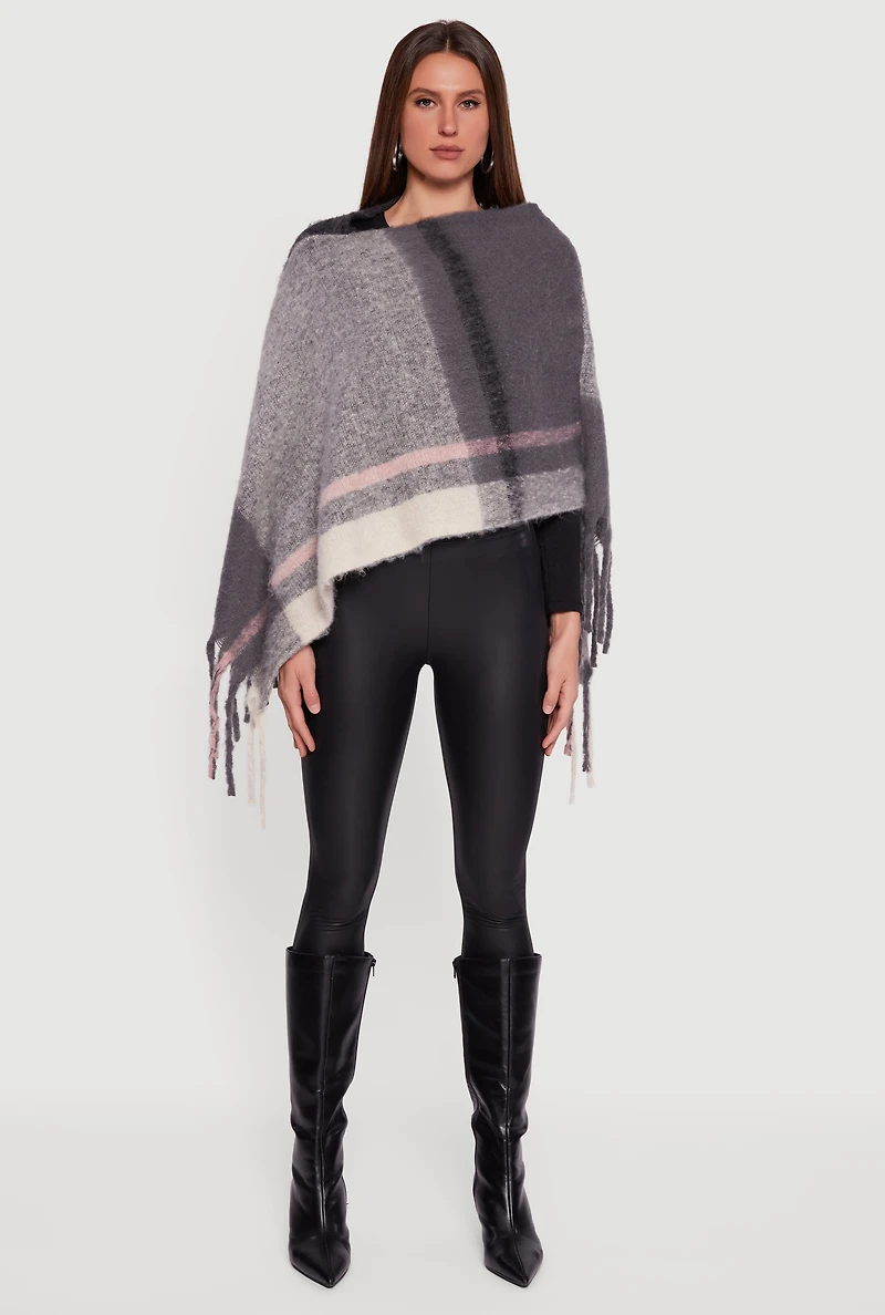 Marled Plaid Pattern Boucle Fringe Poncho