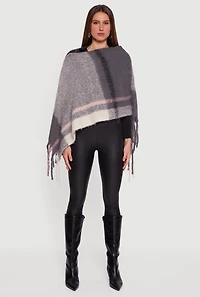 Marled Plaid Pattern Boucle Fringe Poncho