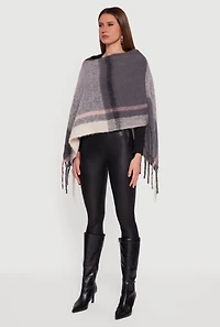 Marled Plaid Pattern Boucle Fringe Poncho