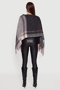 Marled Plaid Pattern Boucle Fringe Poncho