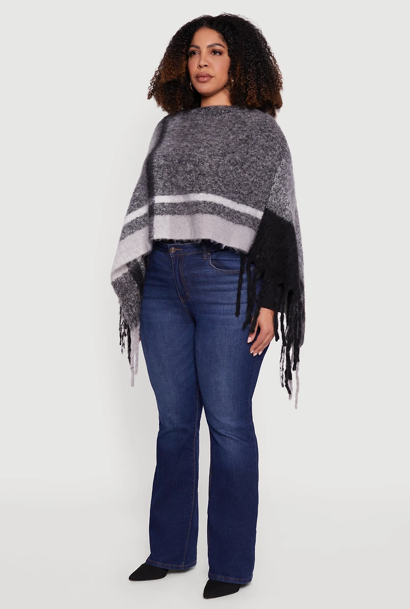 Marled Plaid Pattern Boucle Fringe Poncho