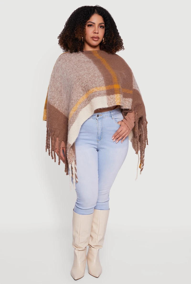 Marled Plaid Pattern Boucle Fringe Poncho