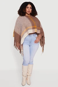 Marled Plaid Pattern Boucle Fringe Poncho
